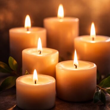 Softly glowing candles arranged together in a warm, dim setting, creating a peaceful and comforting atmosphere that reflects unity and remembrance in cremation services Long Beach, NY