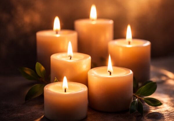 Softly glowing candles arranged together in a warm, dim setting, creating a peaceful and comforting atmosphere that reflects unity and remembrance in cremation services Long Beach, NY