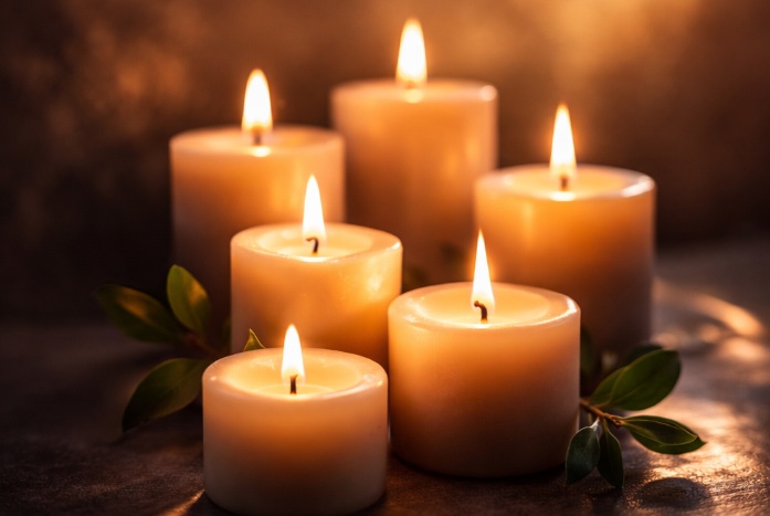 Softly glowing candles arranged together in a warm, dim setting, creating a peaceful and comforting atmosphere that reflects unity and remembrance in cremation services Long Beach, NY