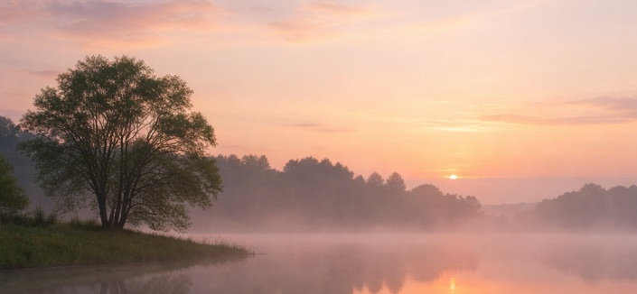 Serene lakeside at dawn with gentle mist over still water, soft pastel sky reflections, and a lone tree silhouette, representing peace and simplicity in cremation services Nassau County, NY