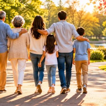 Family walking together through a sunny park with blooming flowers and greenery, cremation services in Nassau County, NY