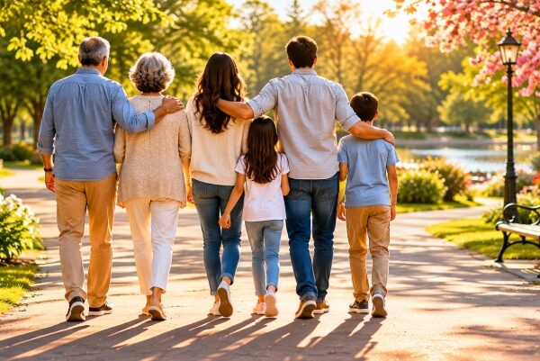 Family walking together through a sunny park with blooming flowers and greenery, cremation services in Nassau County, NY