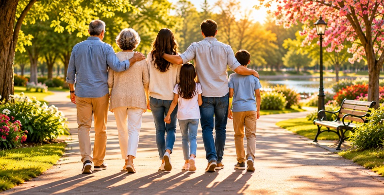 Family walking together through a sunny park with blooming flowers and greenery, cremation services in Nassau County, NY