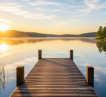 lakeside dock at sunrise symbolizing simplicity and reflection, cremation services in Queens, NY