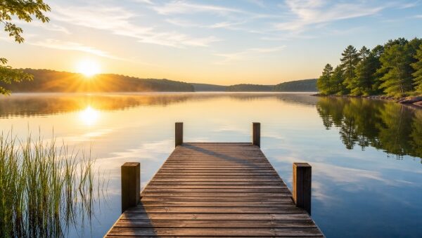 lakeside dock at sunrise symbolizing simplicity and reflection, cremation services in Queens, NY