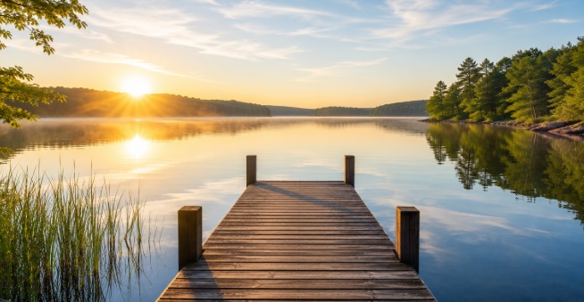 lakeside dock at sunrise symbolizing simplicity and reflection, cremation services in Queens, NY