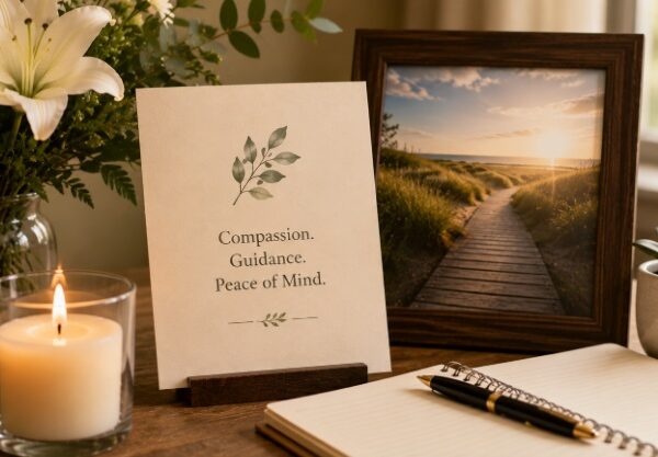 Peaceful memorial display for cremation services in Long Beach, NY.